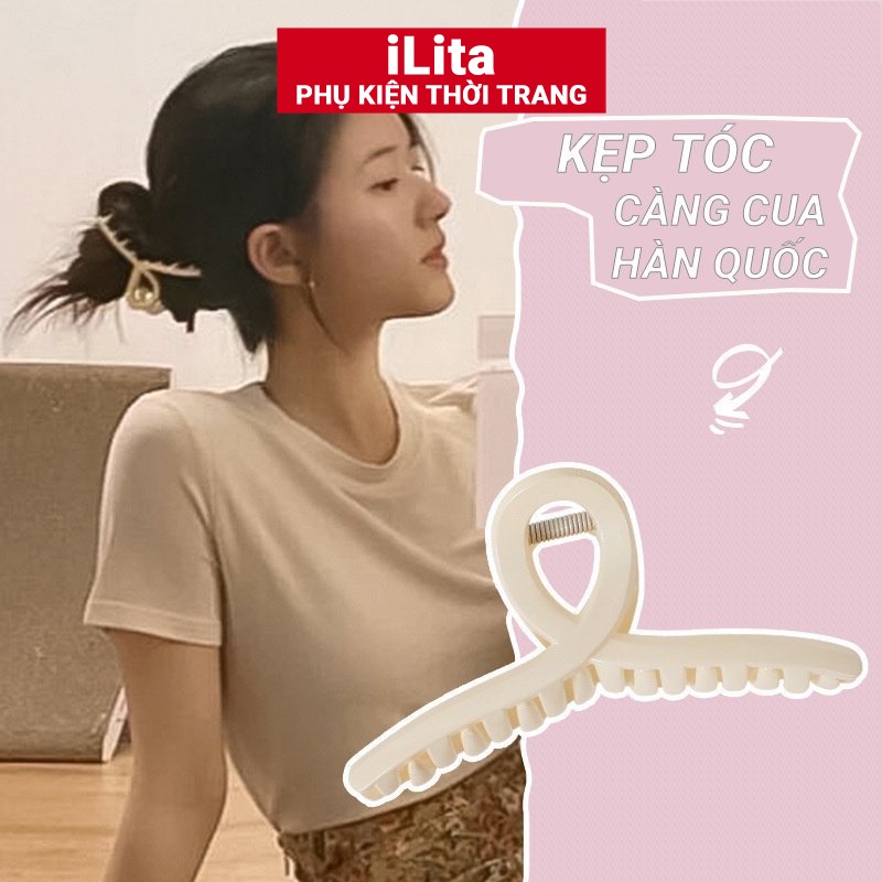 Kẹp tóc càng cua Hàn Quốc nữ đẹp hottrend nhám cỡ size lớn iLita cặp búi tóc dễ thương cào 10 răng, 14 răng màu trắng