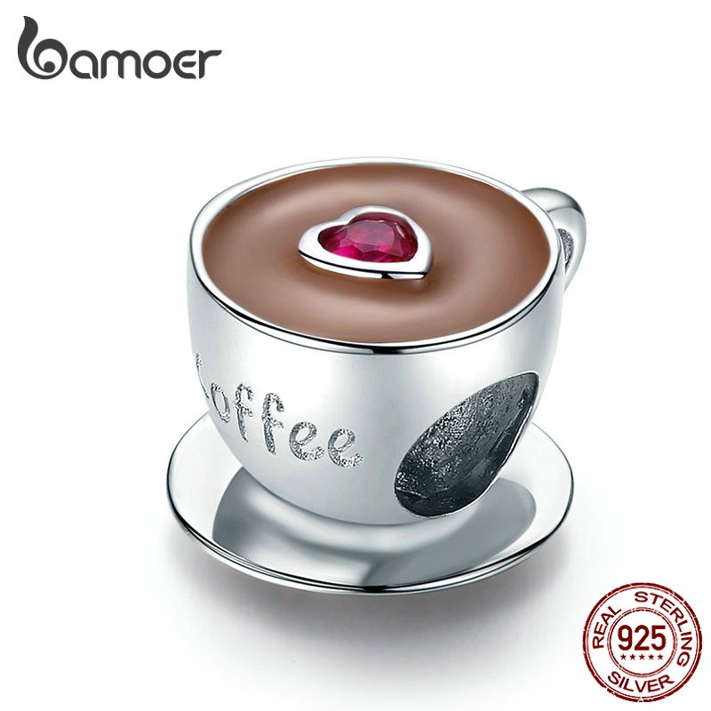 Hạt phụ kiện Bamoer SCC1286 hình tách cà phê bằng bạc 925 tráng men dùng làm trang sức thủ công