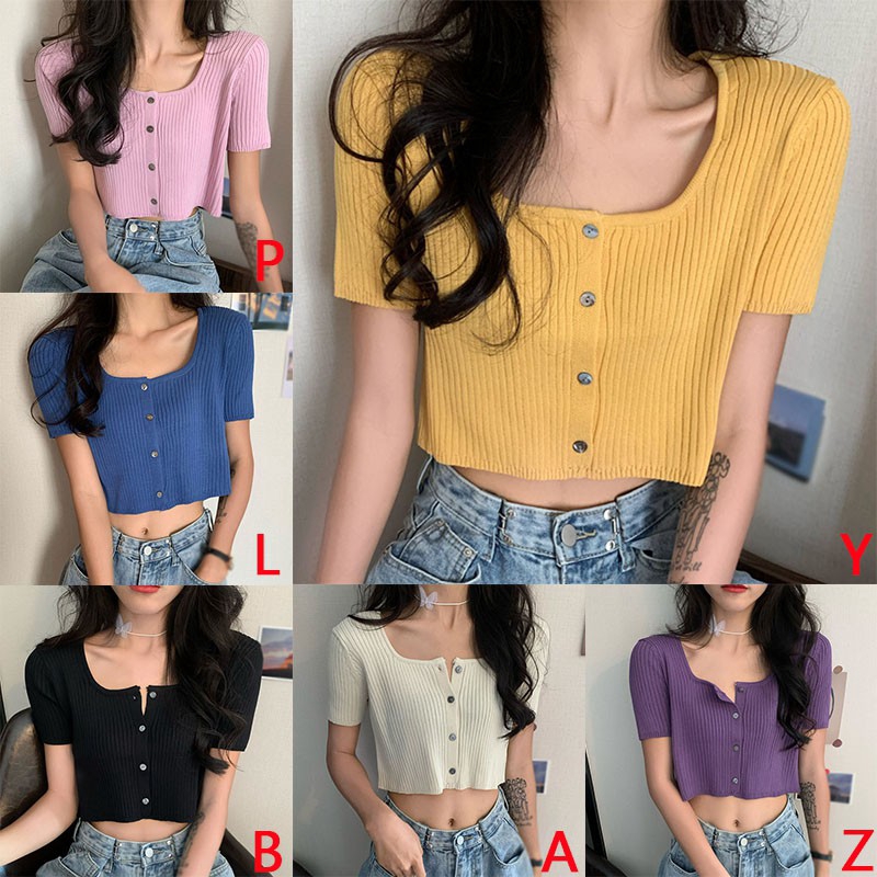 Áo Cardigan Dệt Kim Cổ Vuông Tay Ngắn Phối Nút Phong Cách Hàn Quốc Trẻ Trung