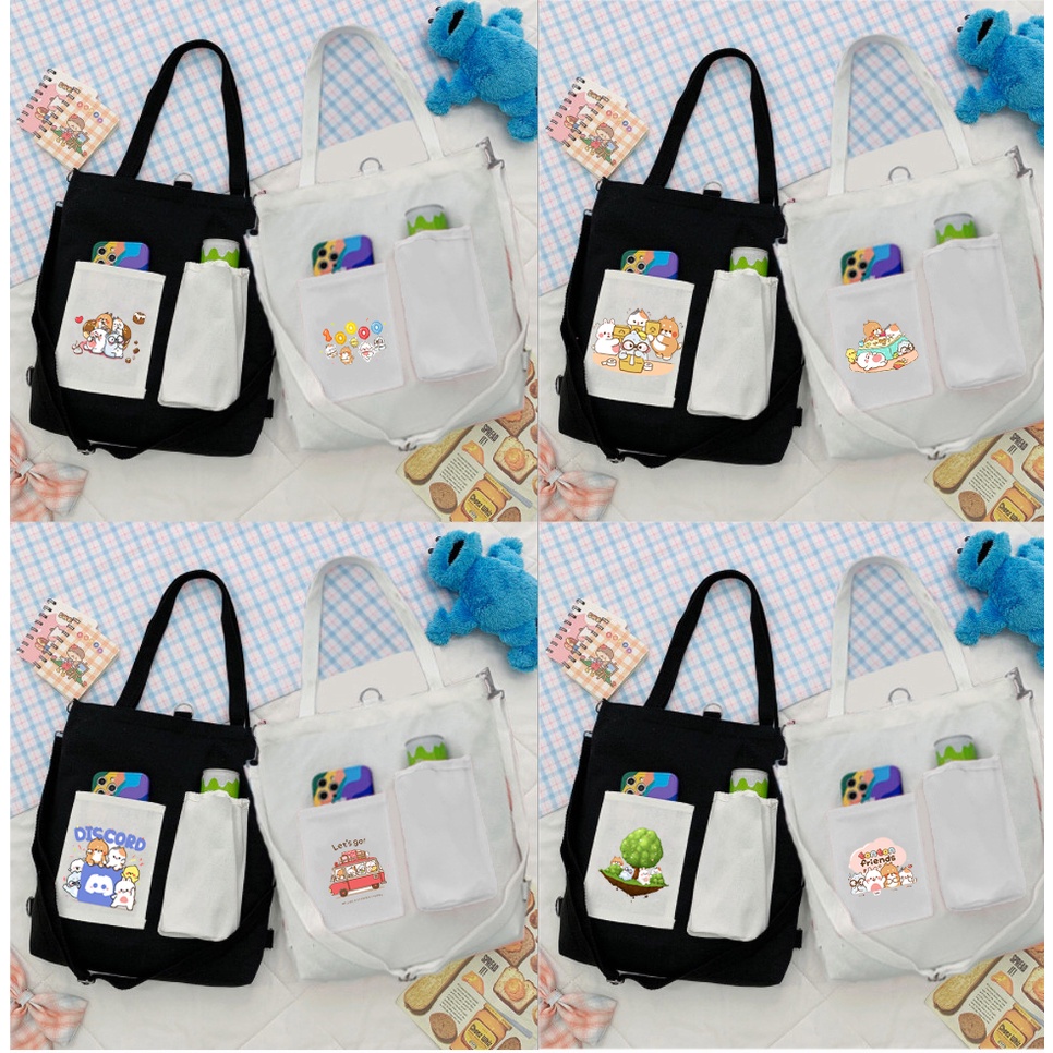 Túi Vải Tote Kiêm Balo ba anh em gấu TBL3 molang pusheen gấu brown tonton bé đào khủng long hoàng đế mèo capoo