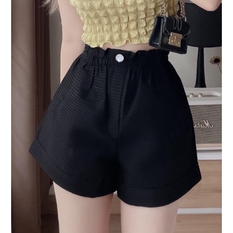 Quần short nữ OKIMAC cạp chun lưng cao ống rộng cúc ngọc nhiều màu phong cách ullzang