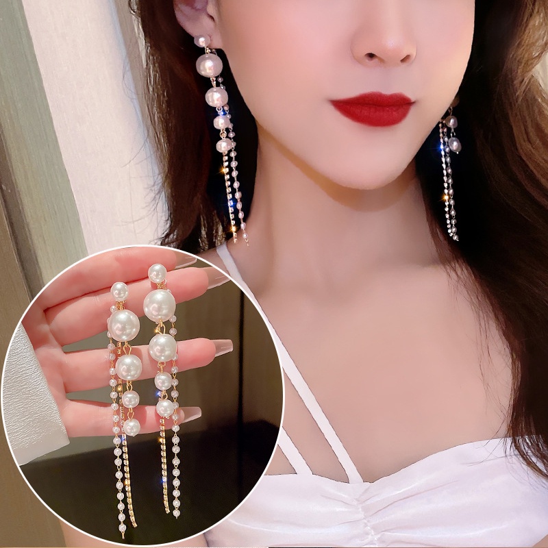 Bông Tai Mạ Bạc 925 Dáng Dài Đính Đá Pha Lê Phối Tua Rua Thời Trang Cổ Điển