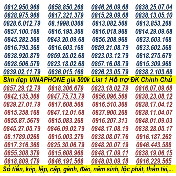 Số Đẹp VINA GIÁ RẺ 500K Dễ Nhớ File 1 Hỗ Trợ ĐĂNG KÝ CHÍNH CHỦ Miễn Phí Có nhiều khuyến mãi gói Của VinaPhone