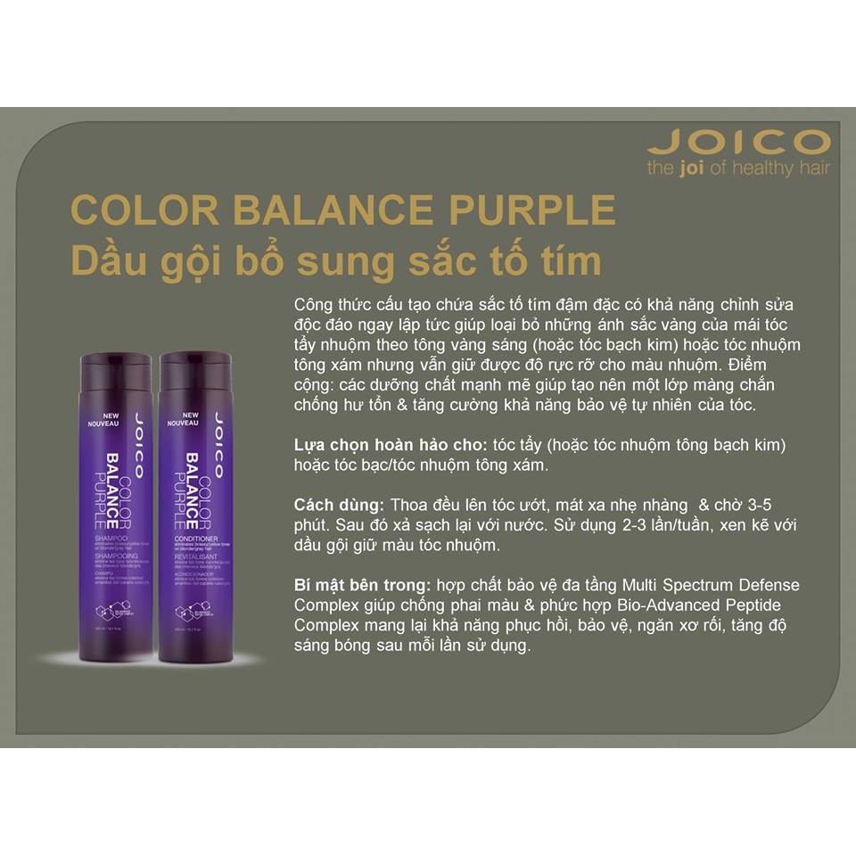 Joico Dầu gội xả cân bổ sung sắc tố tím và khử ánh vàng cho tóc nhuộm Tone lạnh Balance Purple 300mlx2