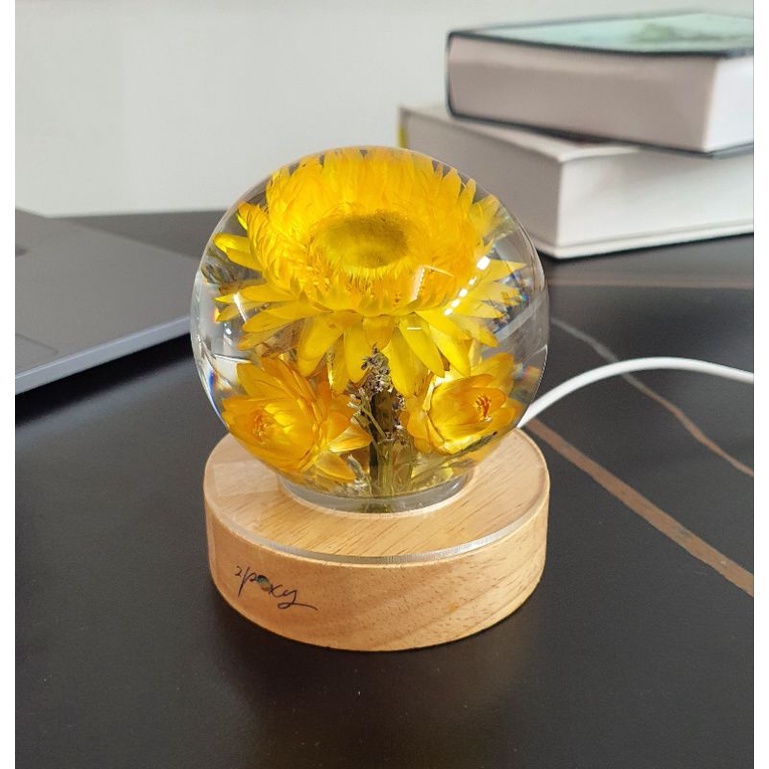 Quà tặng để bàn quả cầu hoa bồ công anh bất tử có đế led ánh sáng nhiều màu chất liệu resin epoxy trong suốt 2poxy