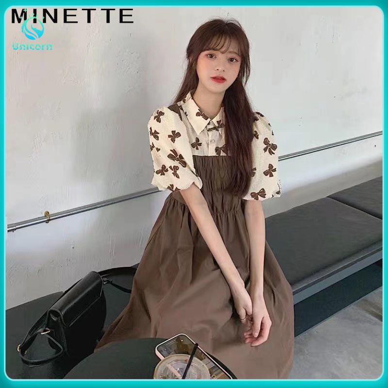 Váy babydoll Đầm Dài Qua Gối Giả Hai Lớp Tay Phồng Cổ Bẻ Phong Cách Mori Thời Trang Mùa Hè