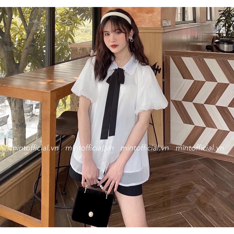 Áo babydoll voan tay bồng nơ đen, Áo babydoll nữ form xoè