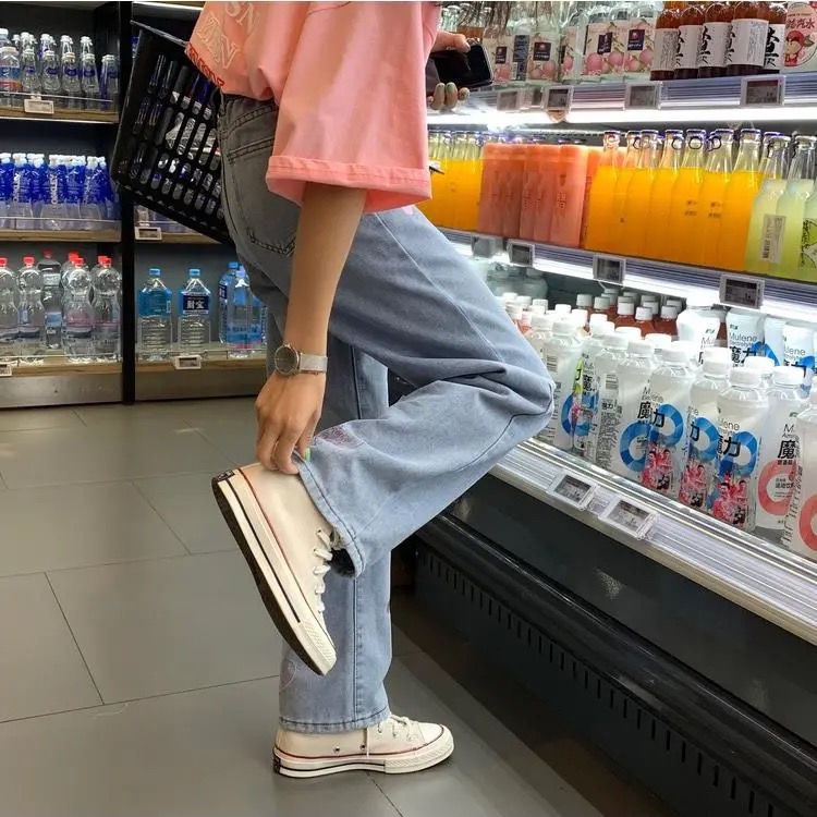 Quần Jean Ống Rộng Lưng Cao Thiết Kế Mới Năng Động Thời Trang Dành Cho Nữ