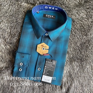OWEN - Áo sơ mi dài tay Owen Slimfit chất cafe không nhăn kẻ ca rô xanh 23353
