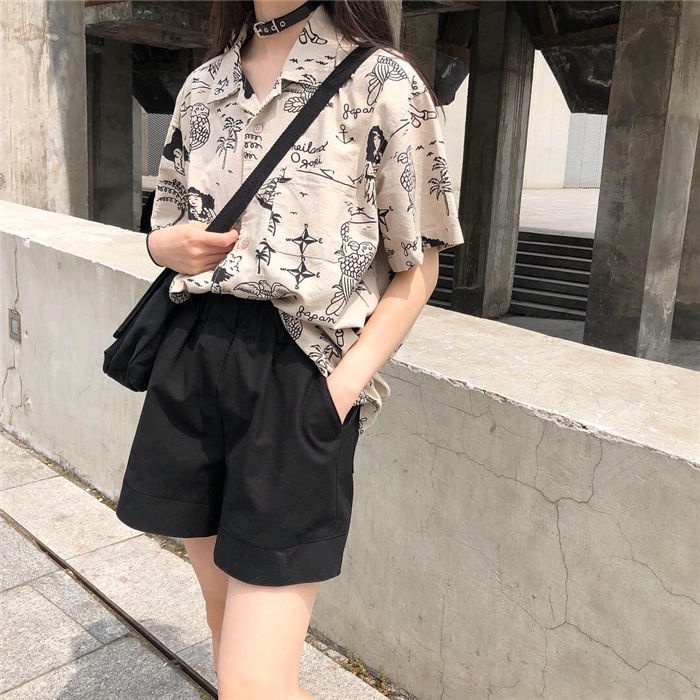 COZOK Áo Sơ Mi Ngắn Tay Cổ Bẻ Form Rộng Phong Cách retro Hàn Quốc