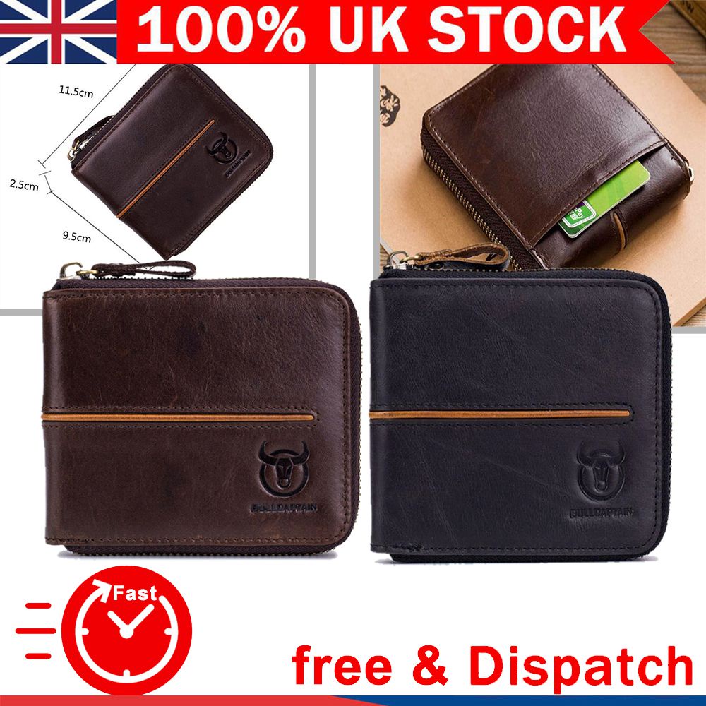 Ví RFID BULLCAPTAIN bằng da bò thật có ngăn đựng thẻ phối khóa kéo thời trang cho nam