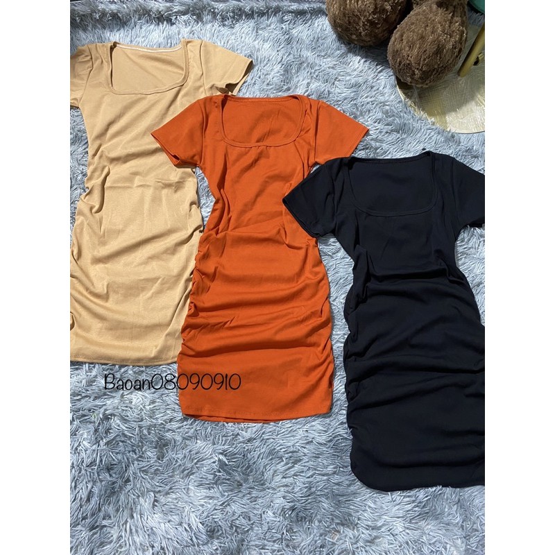 Đầm ôm body cổ vuông tay ngắn nhún sườn chất thun Borip FreeSize dưới 53kg dành cho nữ | BigBuy360 - bigbuy360.vn