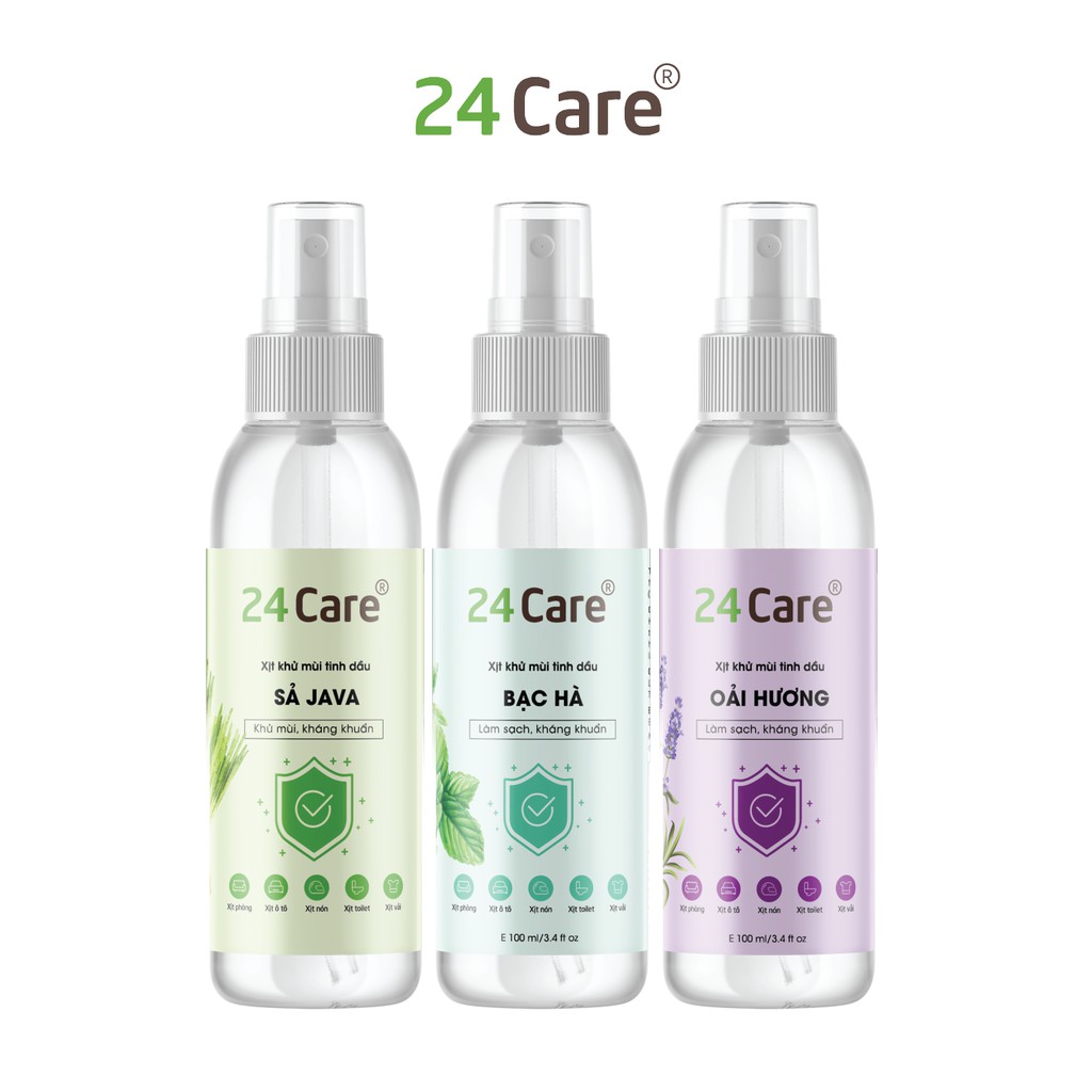 Bộ 3 chai Tinh dầu xịt phòng kháng khuẩn Sả Java, Bạc Hà và Oải Hương 24Care 100ml