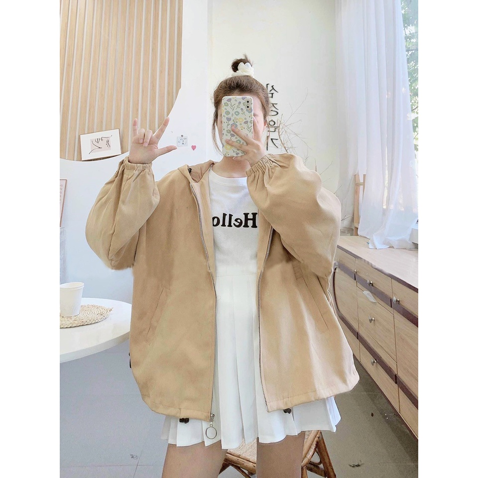 Áo khoác basic trơn phom rộng chất da lộn siêu đẹp, áo khoác 2 lớp có mũ trùm đầu