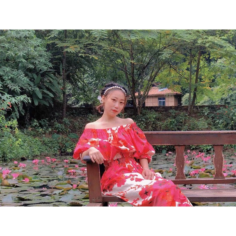 Váy đầm maxi hoa trễ vai xẻ lưng tay phồng bo chun eo dáng suông dài sang trọng sexy đi du lịch biển