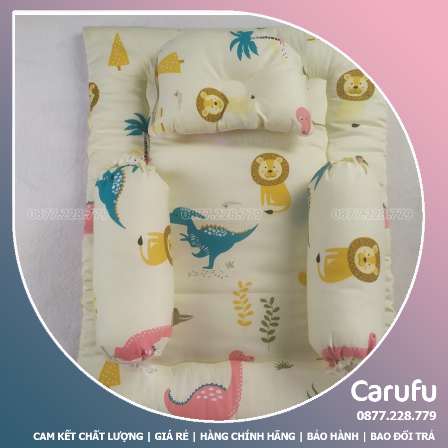 Bộ Nệm Gối cho bé sơ sinh CARUFU | Nệm + Gối Lõm + 2 Gối Ôm | Cotton Thắng Lợi và CARA siêu êm mát và giặt máy thoải mái