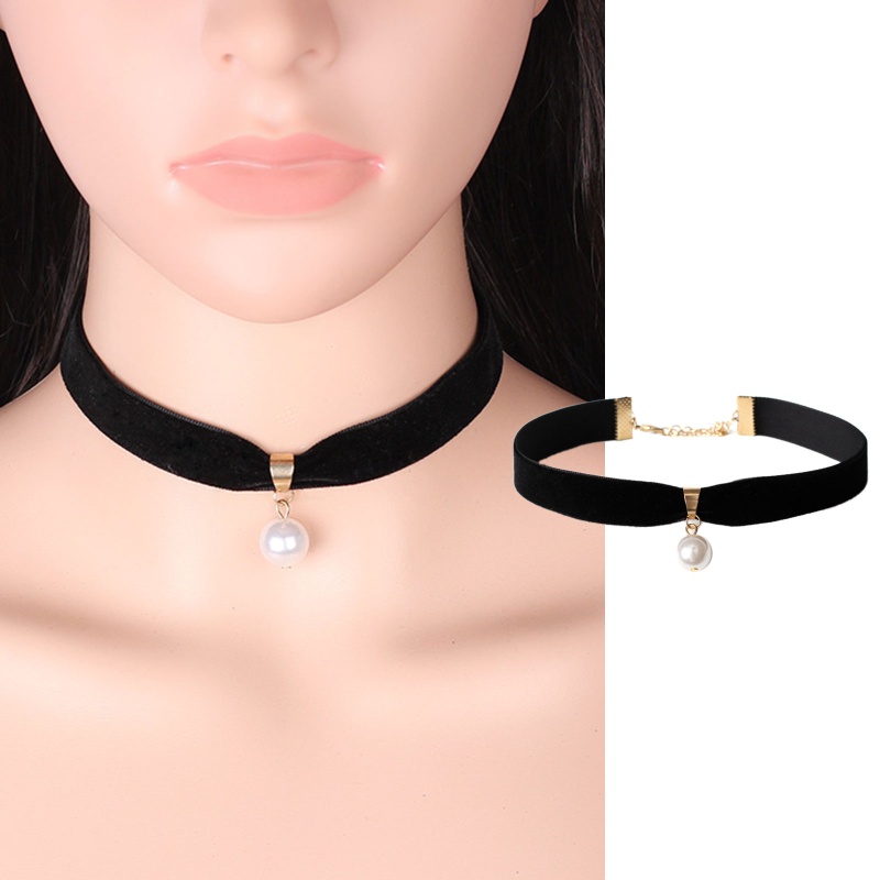 Vòng Cổ Choker Dây Nhung Đen Đính Ngọc Trai Dành Cho Nữ