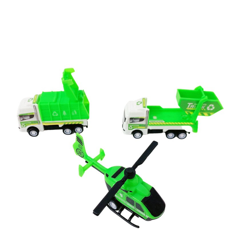 Đồ Chơi Xe Chở Rác Chạy Đà Cót, Gồm 6 Xe Mini Khác Nhau, Màu Xanh Lá Đẹp, Thiết Kế Mô Phỏng Thật