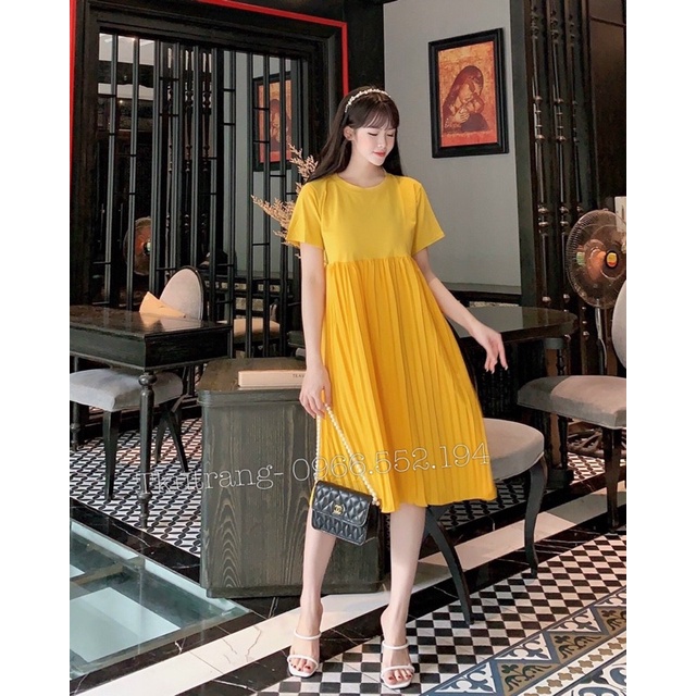 Váy bầu,Đầm bầu cho những ngày chớm thu - Dáng suông phối thân dập li trẻ trung , năng động ( size 45-80kg) Ms 6740.