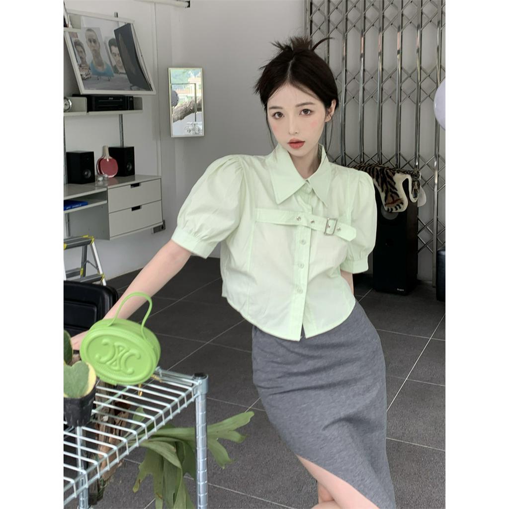 「 WELOVE1 」Áo Sơ Mi Ngắn Tay Phồng Cổ Bẻ 5 Màu Sắc Thời Trang Mùa Hè Dành Cho Nữ