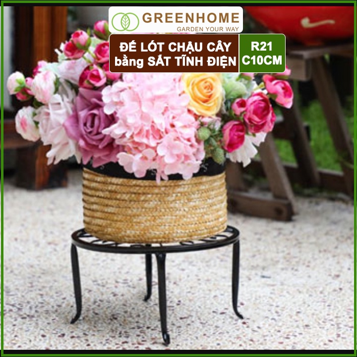 Đế lót chậu cây bằng sắt, R21xC10cm, hình vuông, sơn tĩnh điện, màu đen, uốn mỹ nghệ, bền, đẹp |Greenhome