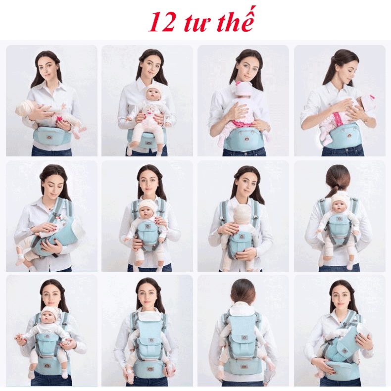 Địu em bé có bệ ngồi - hộp tì cao cấp, Đai điệu trẻ em đa tư thế. Địu em bé chống gù 12 tư thế cho bé từ 0-36 tháng