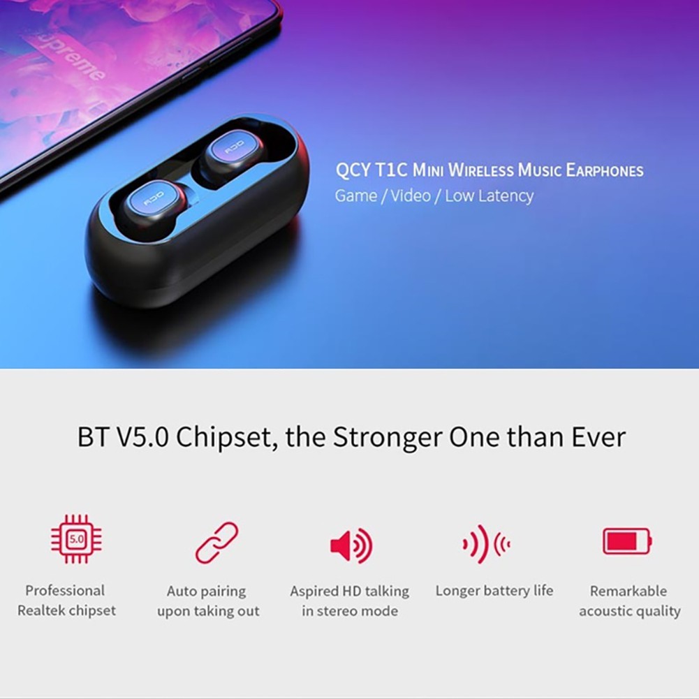 Tai nghe nhét tai không dây bluetooth 5.0 PUR QCY T1C