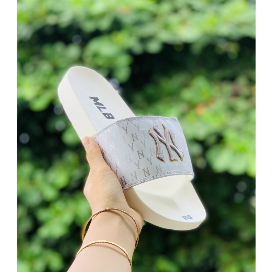 Dép quai ngang 𝐌𝐋𝐁 ❤️FREESHIP+Hộp❤️ Dép NY bóng chày thể thao nam nữ chữ thêu nỗi kèm tag mác trắng bạc