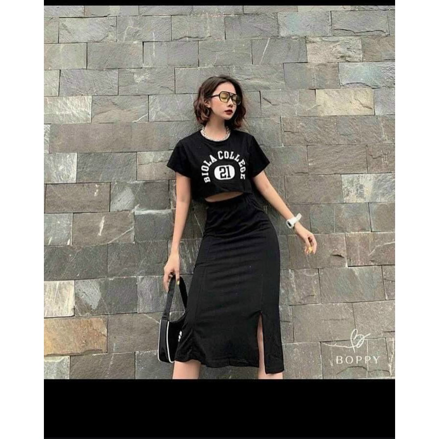 Set Áo Croptop In Chữ Và Chân Váy Xẻ Thời Trang Nữ Rose Fashion