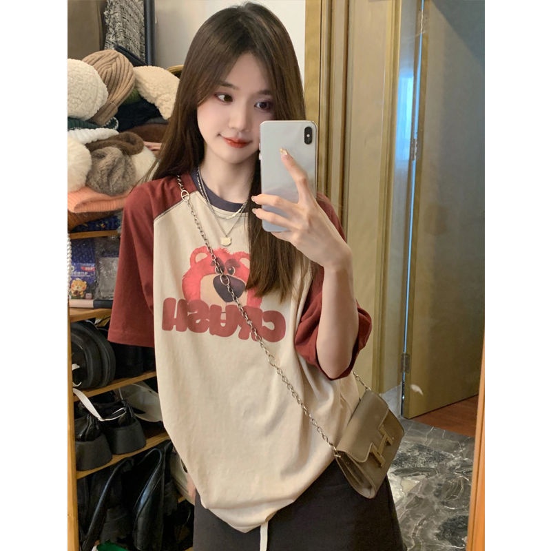 Jiashucheng Áo Thun Tay Ngắn Dáng Rộng In Họa Tiết Gấu Và Dâu Tây Thời Trang Mùa Hè 2023 Mới Cho Nữ