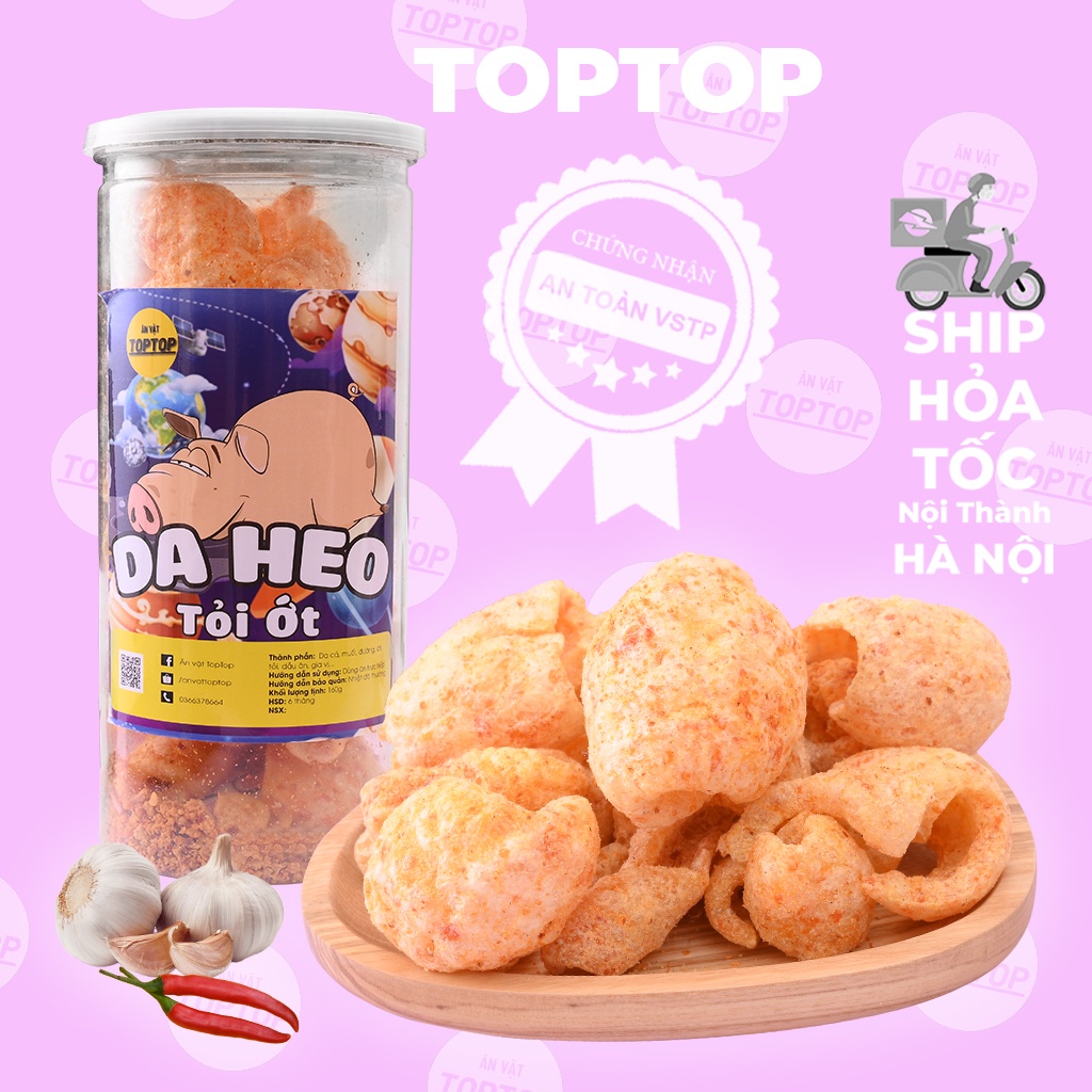 Da heo chiên giòn tỏi ớt TOPTOP hộp 160g, bì lợn chiên giòn cháy tỏi - Ăn vặt TOPTOP