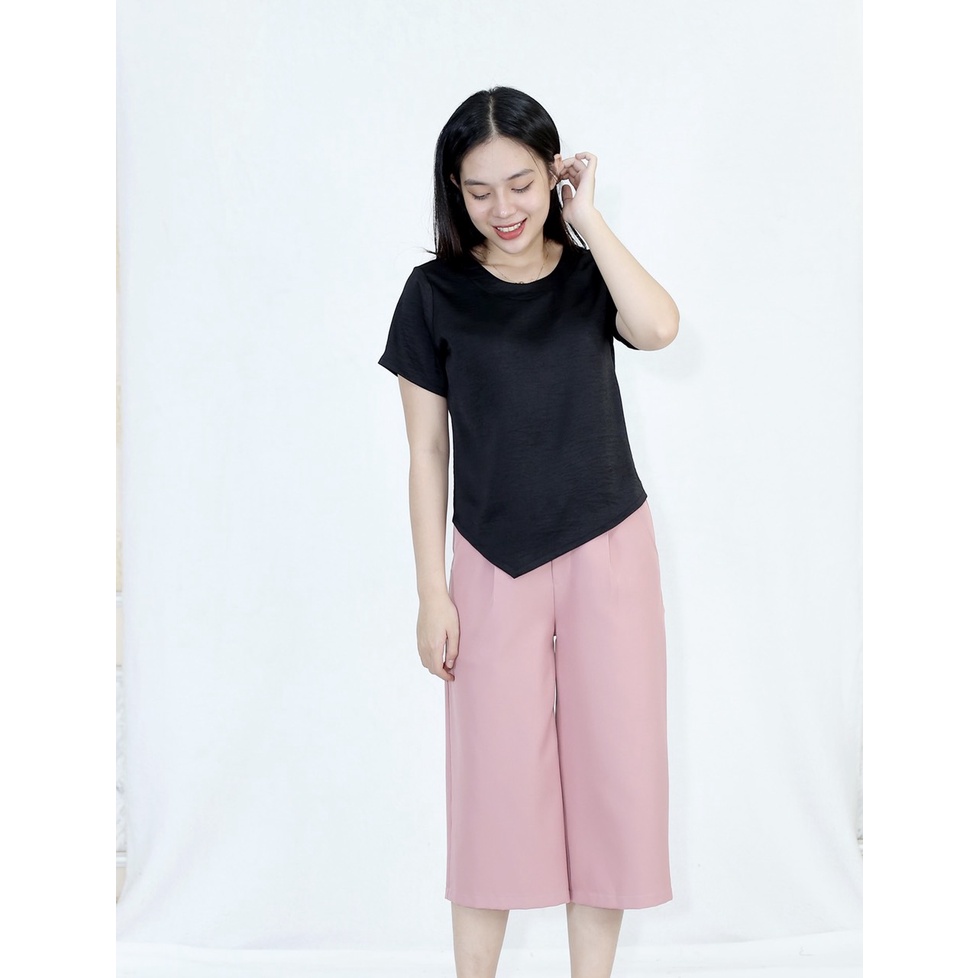 Bộ đồ lửng nữ FR8 ÁO VẠT XÉO QUẦN TÂY HỒNG LƯNG SAU CHUN - Quần vải mango, Áo vải lụa - Nhẹ Nhàng, Dễ Thương