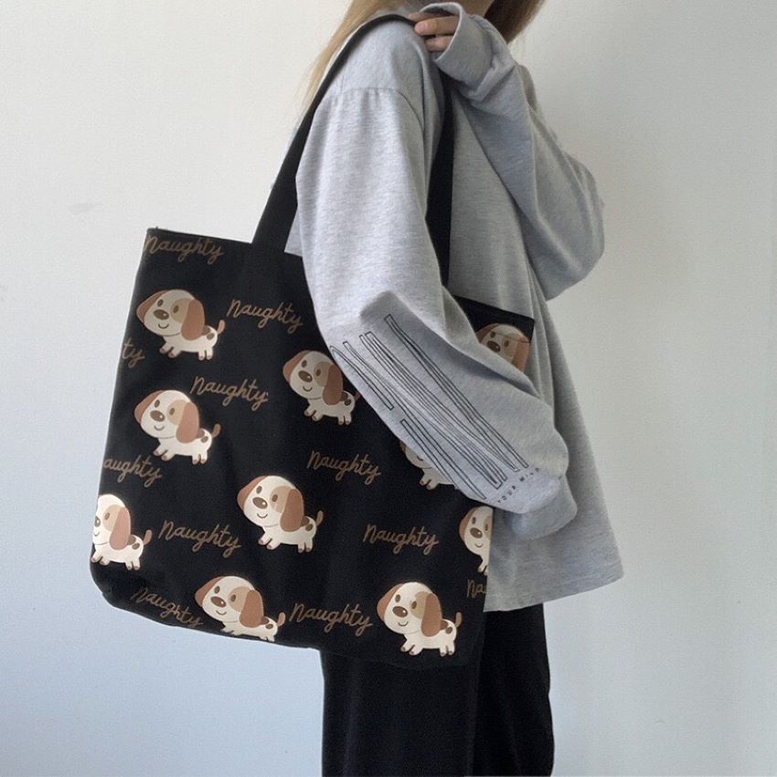Túi tote , túi vải canvas size A4 in hình cún dễ thương có khóa miệng Hàn Quốc