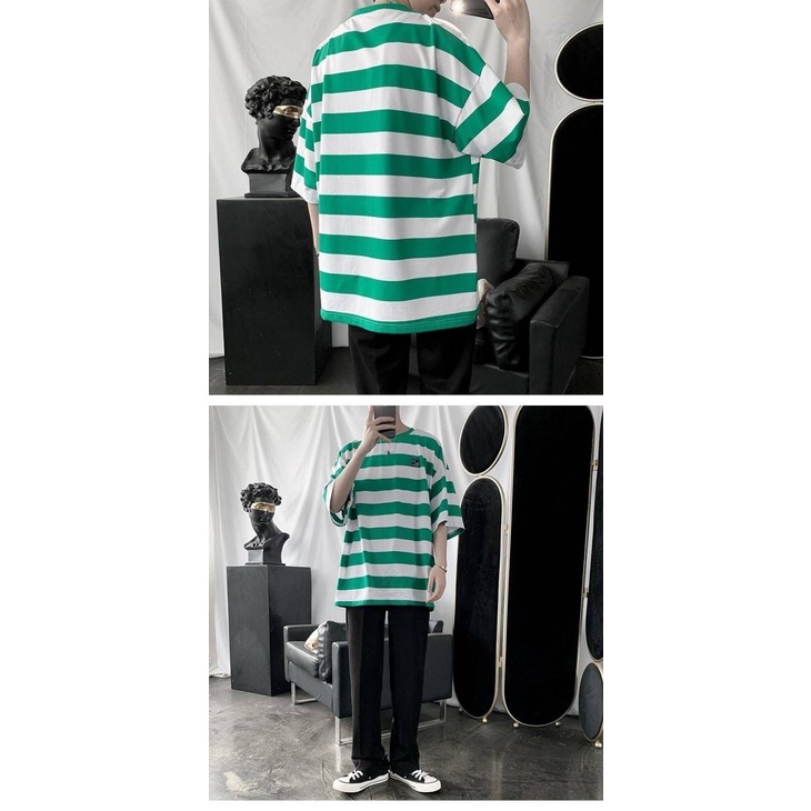 Áo Thun Ngắn Tay Form Rộng Họa Tiết Sọc Ngang Phong Cách Hàn Quốc Dành Cho Nam