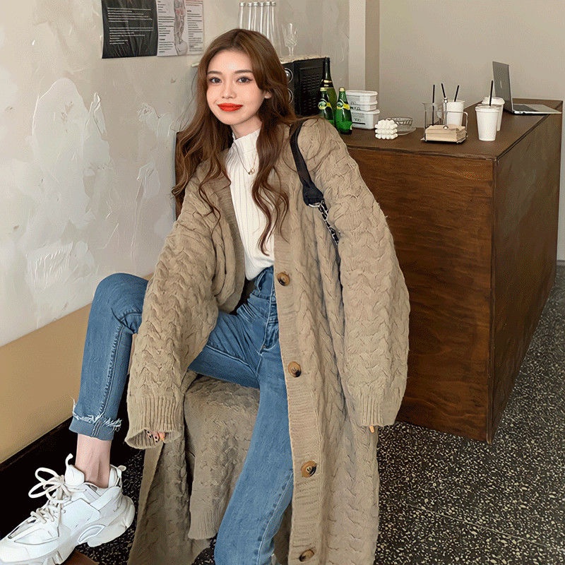 Áo Khoác Cardigan Dệt Kim Kiểu Dáng Dài Dày Dặn Rộng Rãi Phong Cách Lười Dễ Phối Thu Đông Phong Cách Hàn Quốc