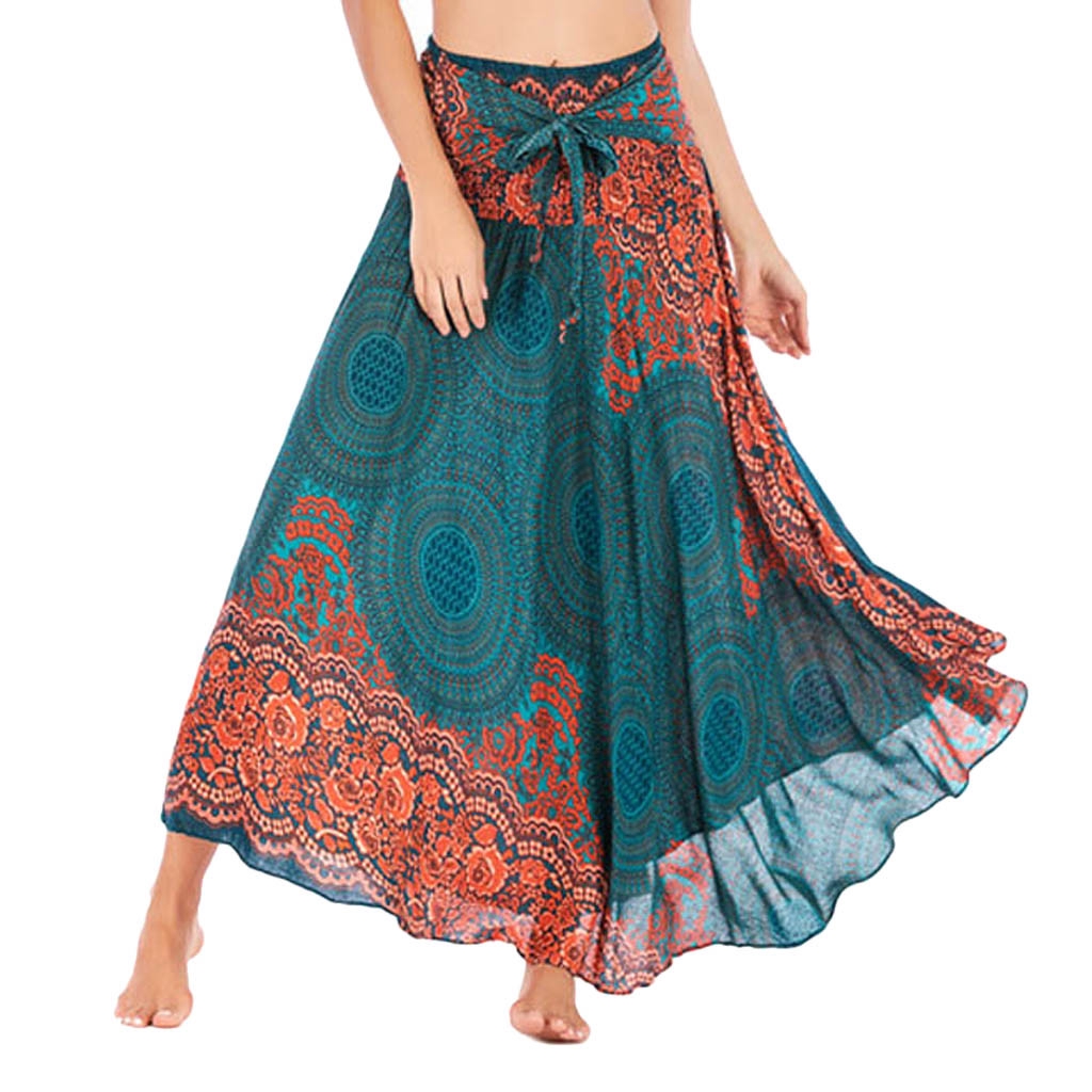 Women Long Hippie Bohemian Gypsy Boho Flowers Elastic Waist Floral Halter Skirt | BigBuy360 - bigbuy360.vn