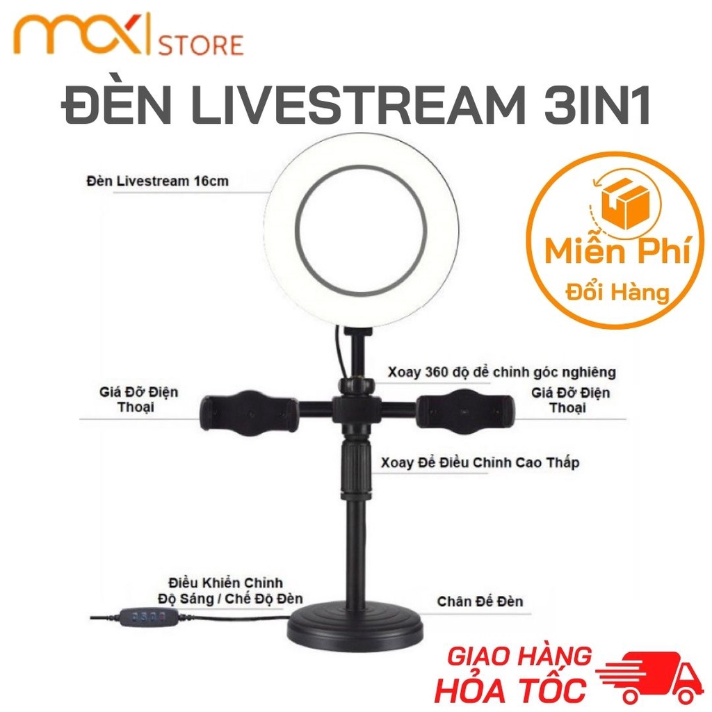 Đèn Live Stream 3in1 Để Bàn Kẹp 2 Điện Thoại 3 Chế Độ Màu TĂNG GIẢM ĐỘ SÁNG