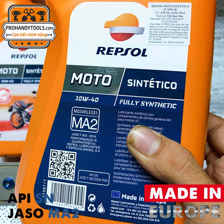 Nhớt Repsol Moto Sintetico 4T 10w40 - 1L - Xuất Xứ Tây Ban Nha