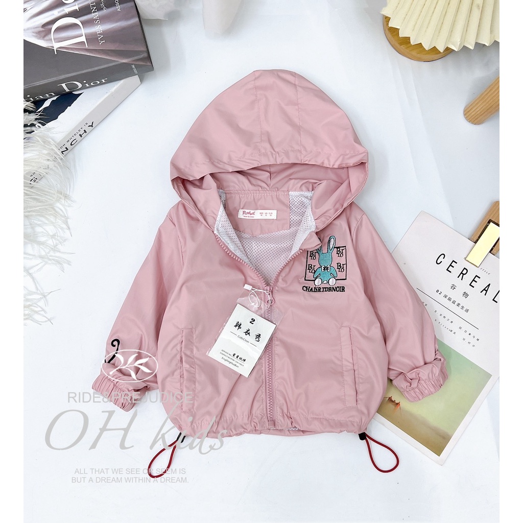 Áo khoác bé gái, bé trai, áo gió 2 lớp họa tiết thỏ thêu BRLO vải chính phẩm siêu đẹp cho bé