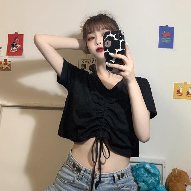 Áo croptop trơn nữ cổ chữ V tay ngắn phiên bản Hàn Quốc áo thun JL-TX-105