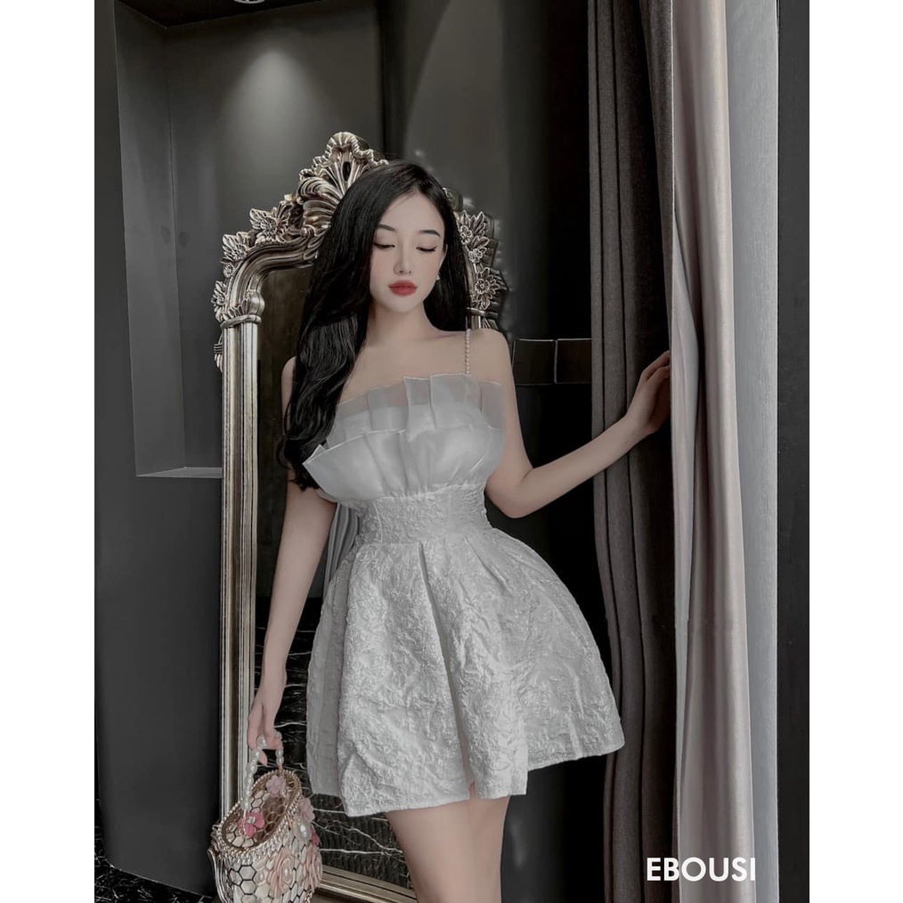 Đầm Body Dự Tiệc 2 Dây Dáng Xòe Phối Lưới Ngực Bo Eo Họa Tiết Hoa Nổi 3D - 2 Màu Trắng, Đen - Vải Gấm - Mã Hàng EGA101