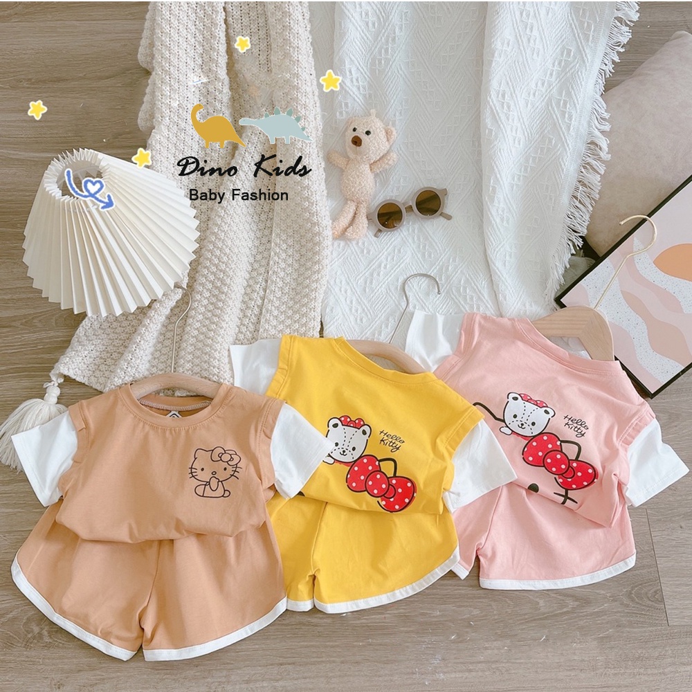Bộ cộc tay bé gái, bộ cotton Hello kitty phối tay trắng hình in sắc nét cho bé