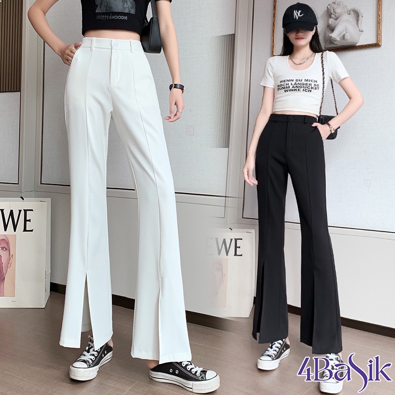 Quần tây ống loe nữ 4BASIK lưng cao xẻ tà ống vẩy cá tính, Quần ống loe xẻ gấu trước cạp cao tôn dáng - QV05