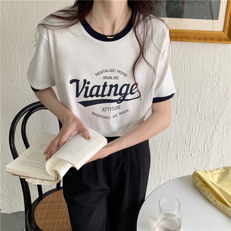 Áo thun SUXI cotton tay ngắn dáng rộng in chữ phối màu sắc tương phản thời trang mùa hè cho nữ