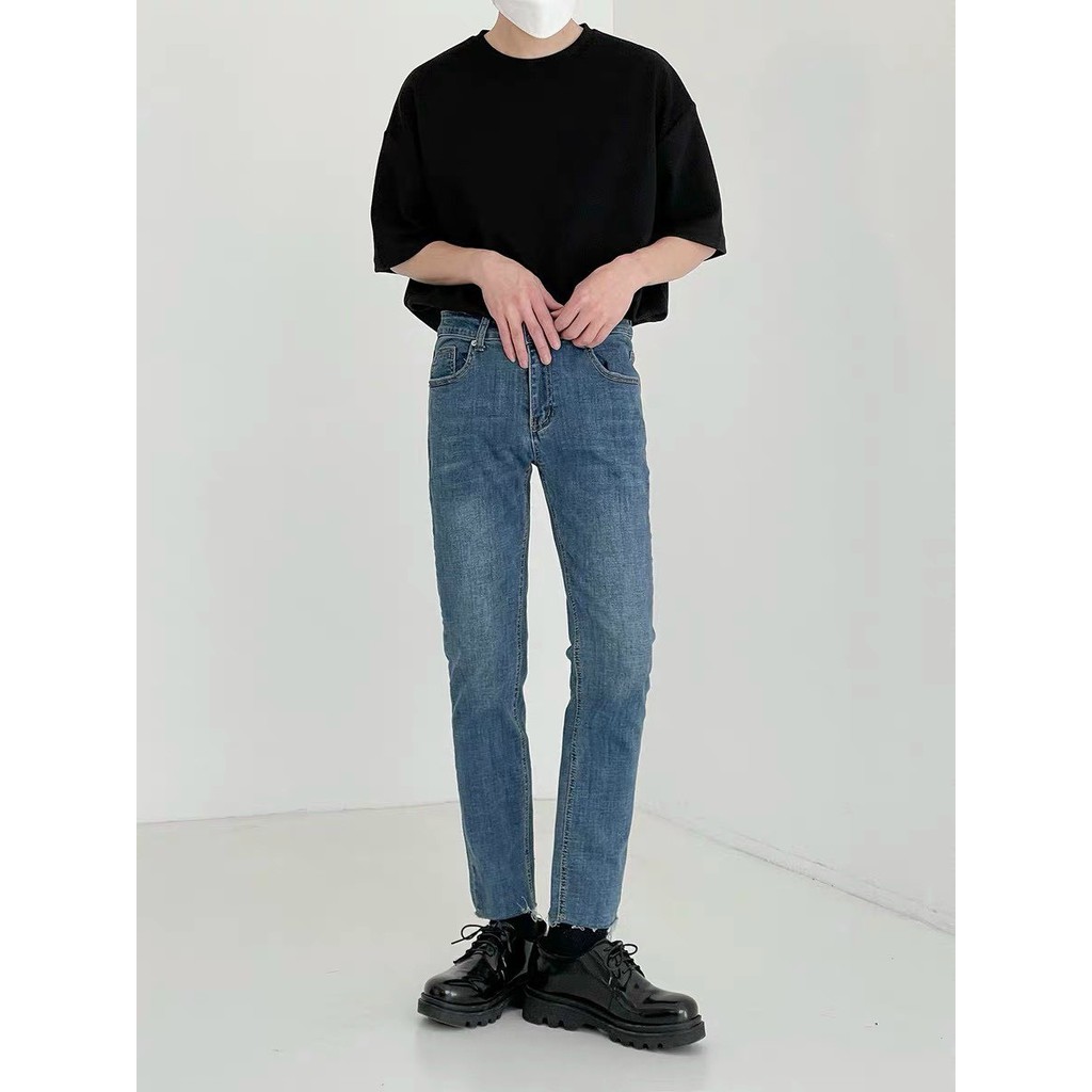 Quần Jean ống nhỏ côn trơn lai tua không gấu dáng lửng không có họa tiết kẻ đường phố unisex streetwear phối với sneaker