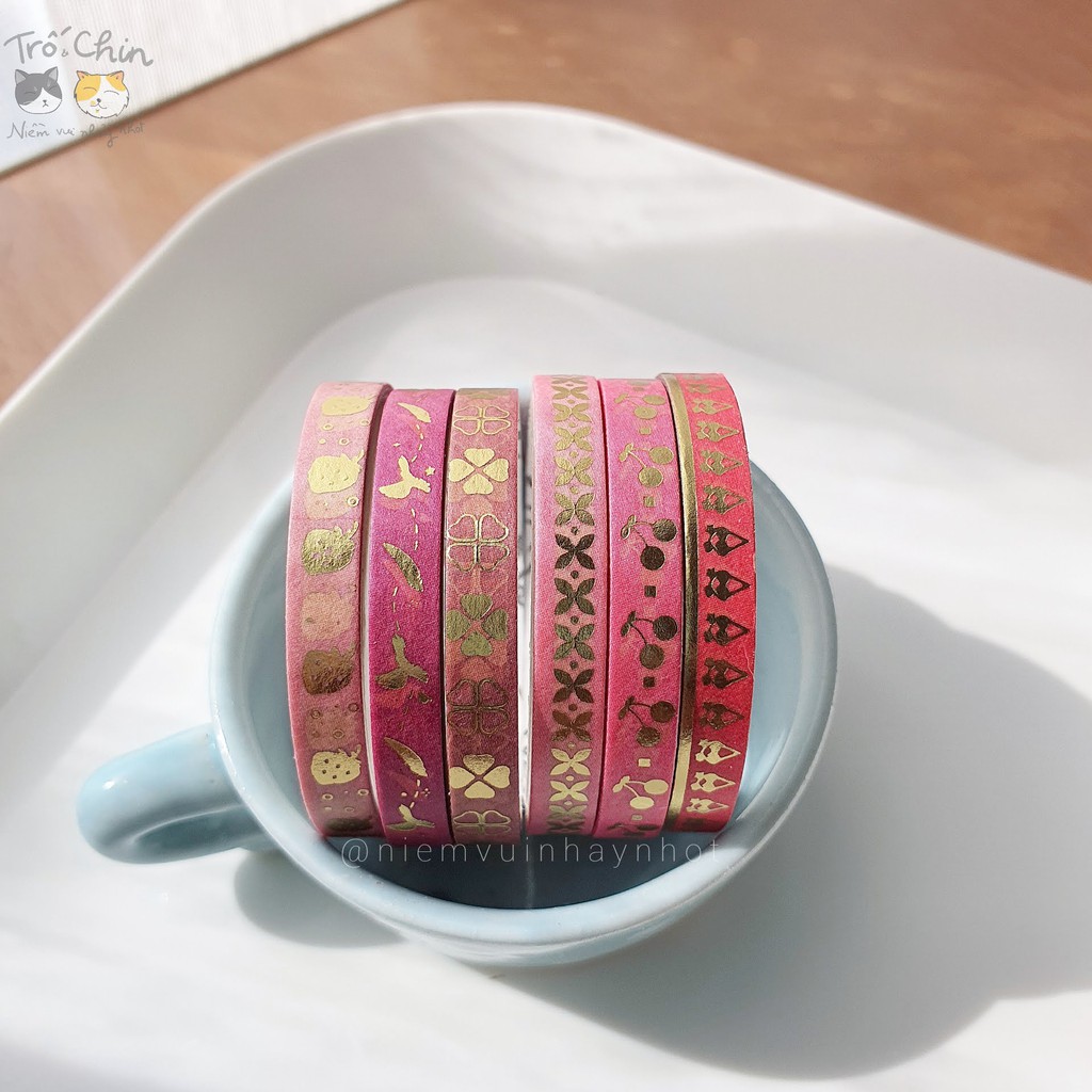 [HÀNG CÓ SẴN] [ẢNH THẬT] Washi tape nhũ ánh kim cực kì sắc nét HỒNG RỰC RỠ Gold Pink Washi tape (kích thước 5mm*2m)