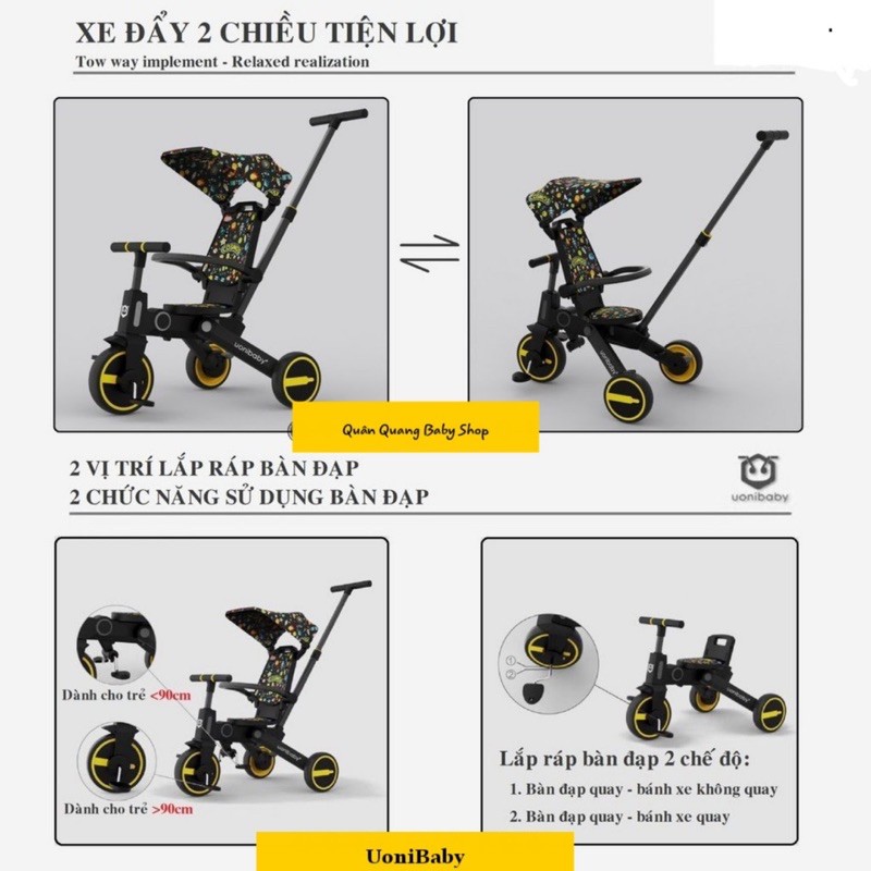 {Nhập HOTRLABBS giảm 10% tối đa 30k} XE ĐẦY 3 BÁNH GẤP GỌN , 2 CHIỀU UONIBABY