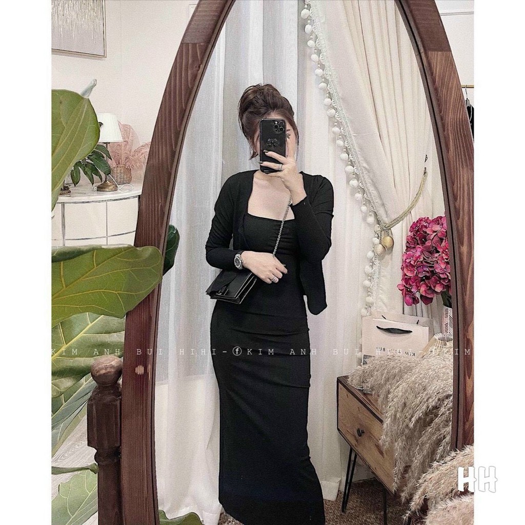 Set Váy Maxi 2 Dây Kèm Áo Khoác Len Cadigan✌️ mùa thu đông | BigBuy360 - bigbuy360.vn