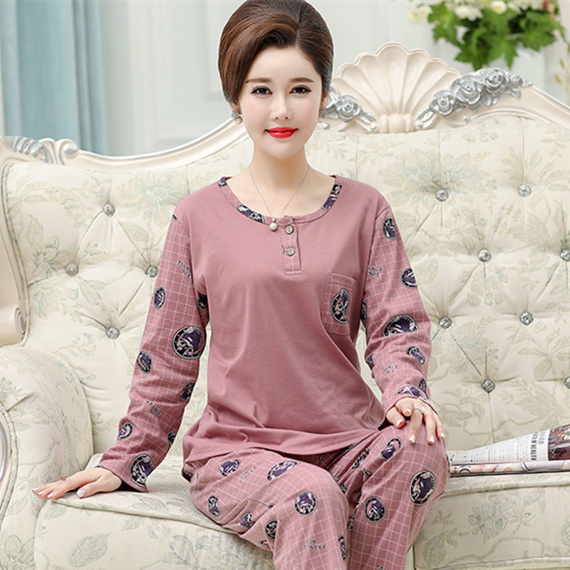 Đồ ngủ & Đồ mặc nhà✙Bộ đồ ngủ mẹ nữ cotton xuân thu trung niên và người già phục vụ tại nhà dài tay plus size