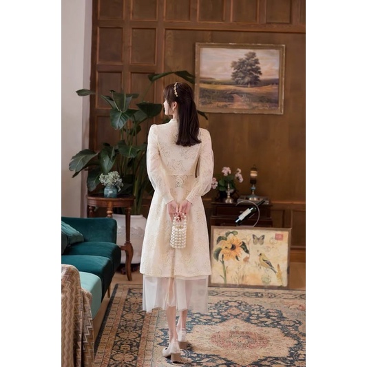 Sẵn🖤Đầm công chúa ren tay phồng phong cách cổ điển Trung Hoa/ Áo dài cách tân tiểu thư voan 2 tầng lớp dáng xoè nàng thơ